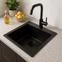 Quadri Dixton 40 zwarte rvs spoelbak met nano pvd 400x450 mm met kraangat opbouw 1208967080